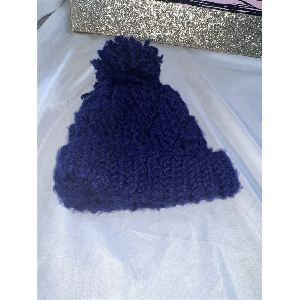 handmade Dark Blue Knit Winter Warm Hat with Pom Pom Stretch Soft Unisex 434